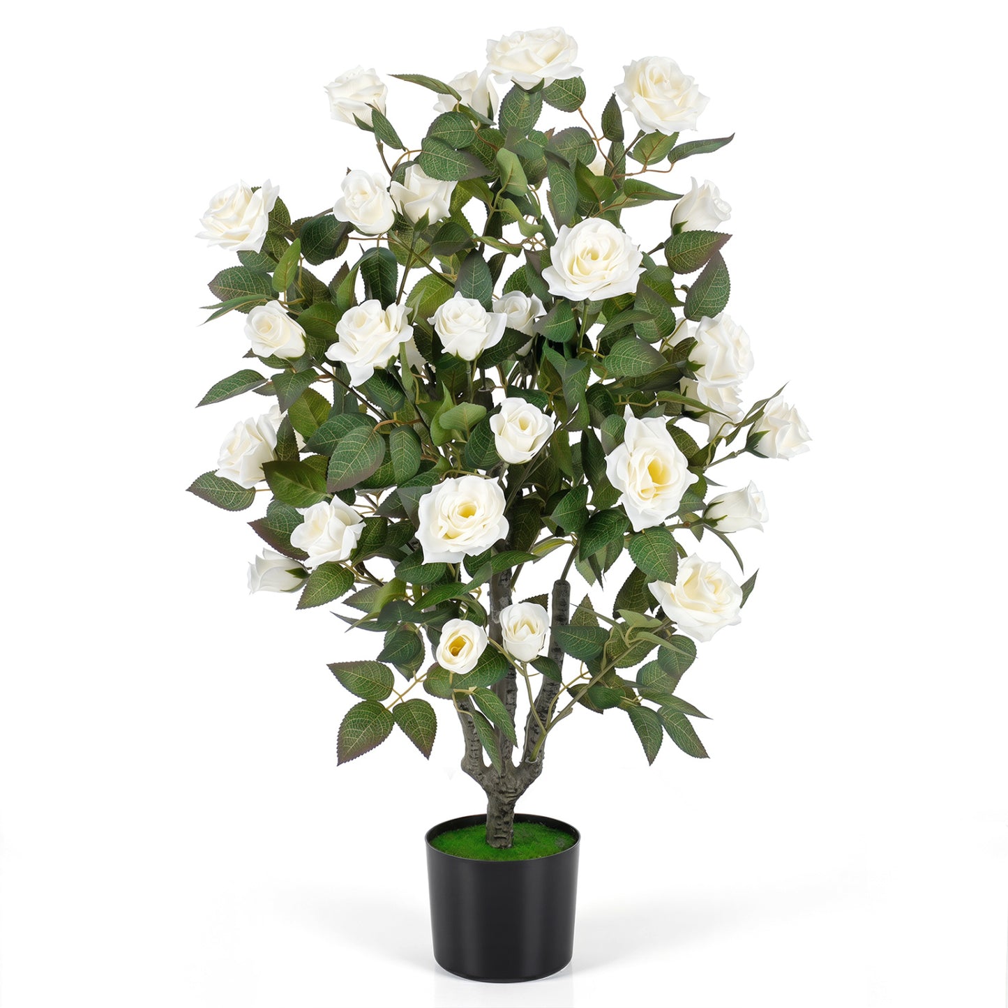 Artificial 35.5-inch rose tree with blooming flowers and green leaves, ideal for indoor home decor, from Wilsons Home Store.