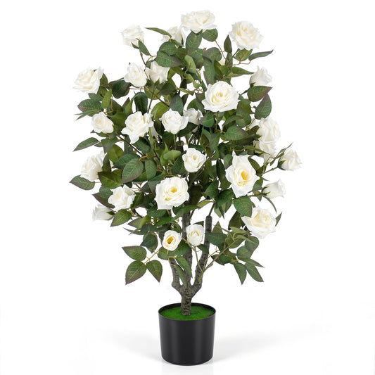 Artificial 35.5-inch rose tree with blooming flowers and green leaves, ideal for indoor home decor, from Wilsons Home Store.