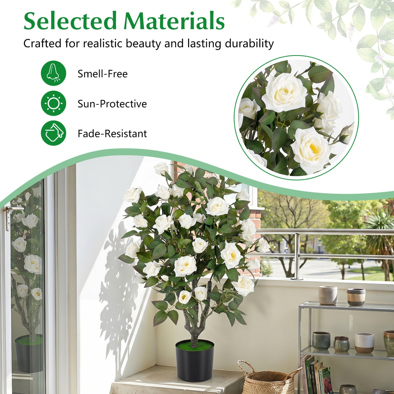 35.5-inch artificial rose tree with blooming pink roses and green leaves, ideal for indoor home decor.