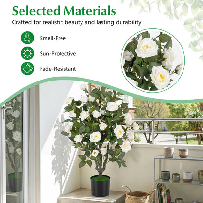 35.5-inch artificial rose tree with blooming pink roses and green leaves, ideal for indoor home decor.