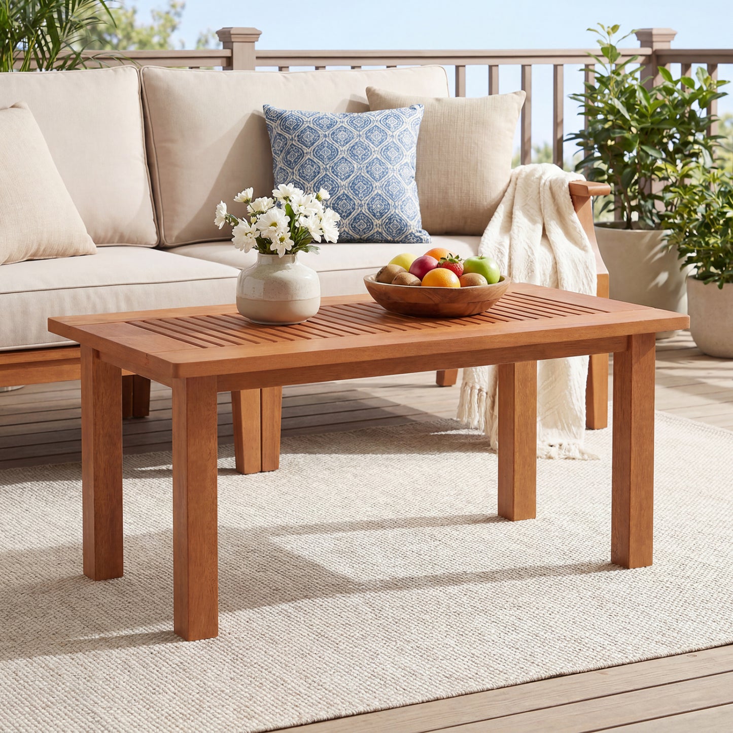 Outdoor 35.5-inch rectangular coffee table with slatted top, modern design for backyard patio, by Wilsons Home Store