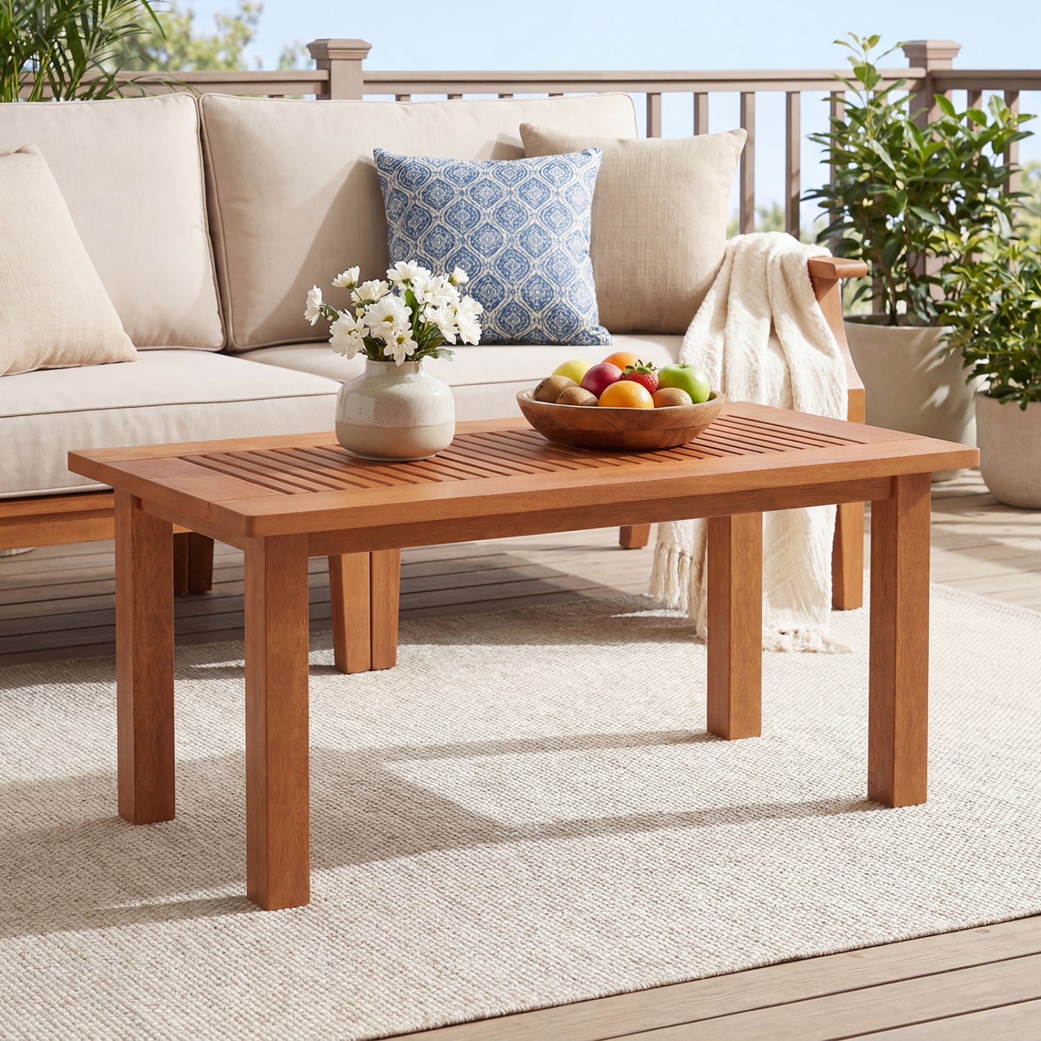 Outdoor 35.5-inch rectangular coffee table with slatted top, modern design for backyard patio, by Wilsons Home Store