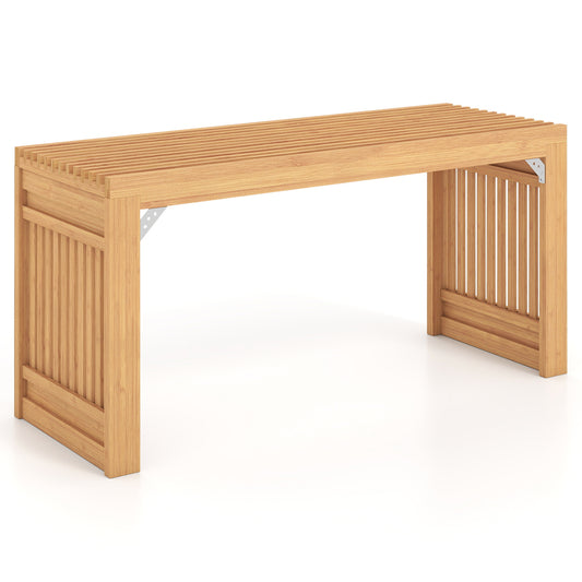 Natural 35.5-inch indoor bamboo bench with widened legs and slatted design, ideal for entryway storage and seating.
