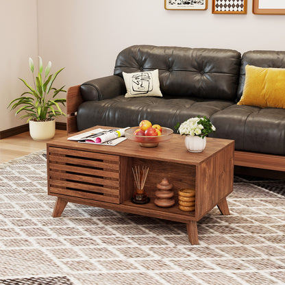 35.5" Lift Top Coffee Table with Hidden Compartment and Sliding Door for Living Room-Brown