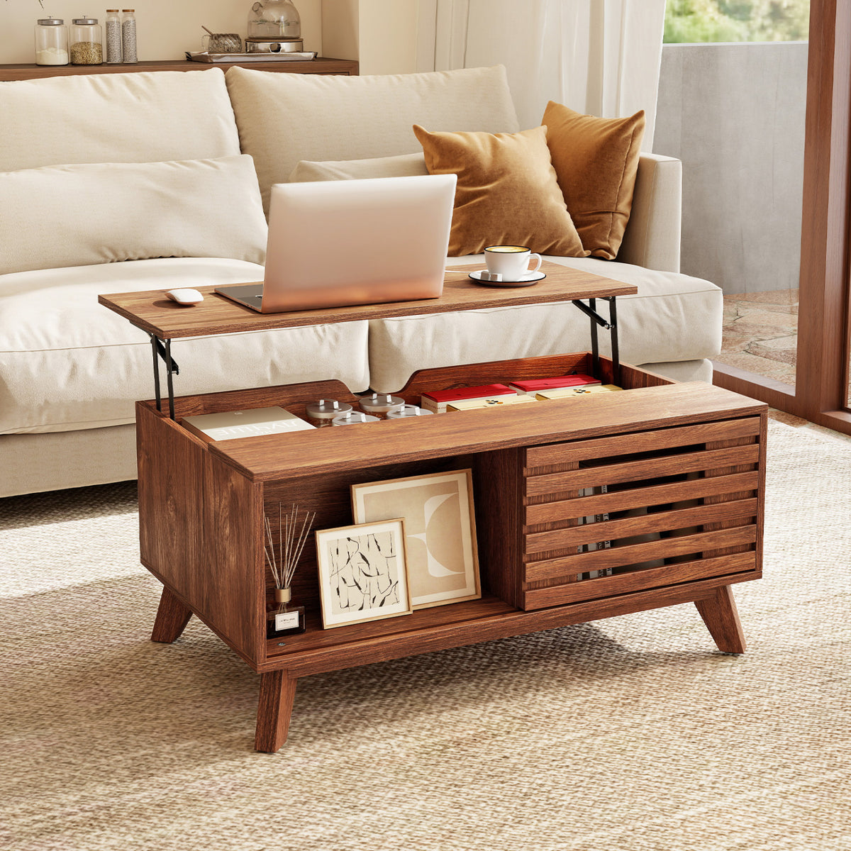 35.5" Lift Top Coffee Table with Hidden Compartment and Sliding Door for Living Room-Brown