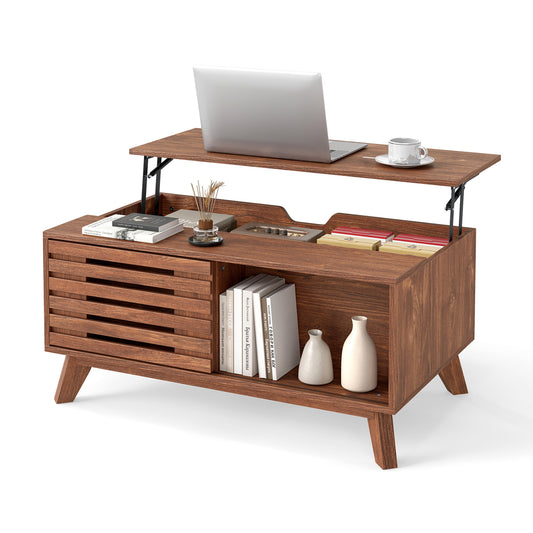 Brown 35.5-inch lift top coffee table with hidden storage and sliding door, ideal for living room furniture.