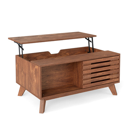 35.5" Lift Top Coffee Table with Hidden Compartment and Sliding Door for Living Room-Brown