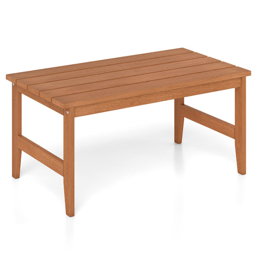 Solid wood outdoor coffee table with rectangular slatted top in teak finish, ideal for patio outdoor furniture.