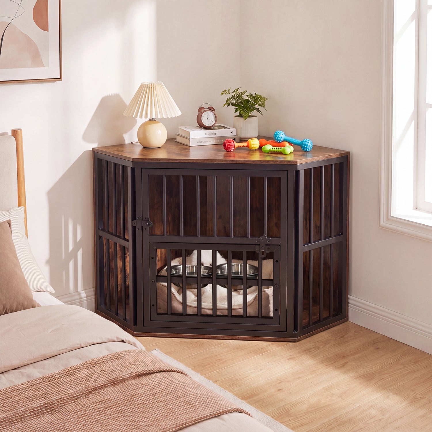 Wooden dog kennel end table with 3-position dog bowl rack, 35.5 inches, made of oak, ideal for pet-friendly home decor.