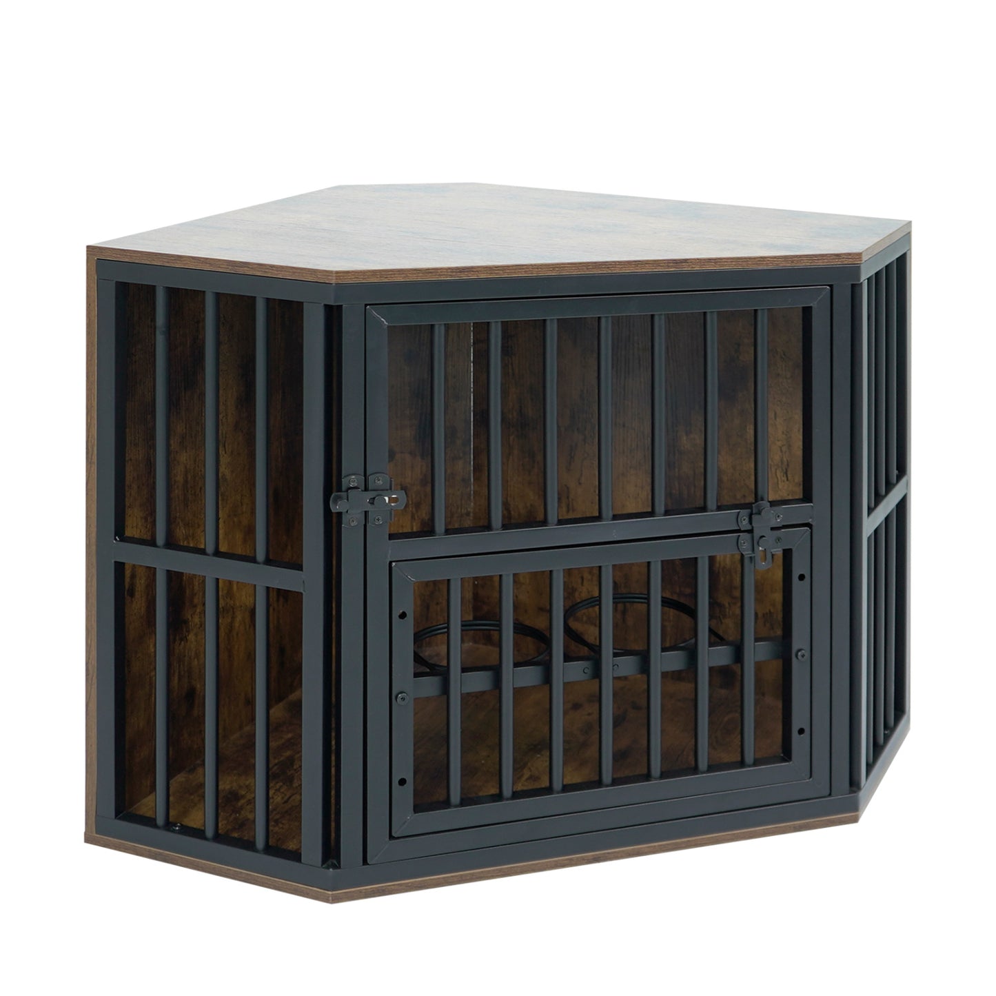 Wooden dog kennel end table with 3-position dog bowl rack, 35.5 inches tall, made of oak wood for pet-friendly home decor.