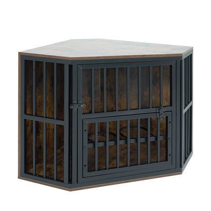 Wooden dog kennel end table with 3-position dog bowl rack, 35.5 inches tall, made of oak wood for pet-friendly home decor.