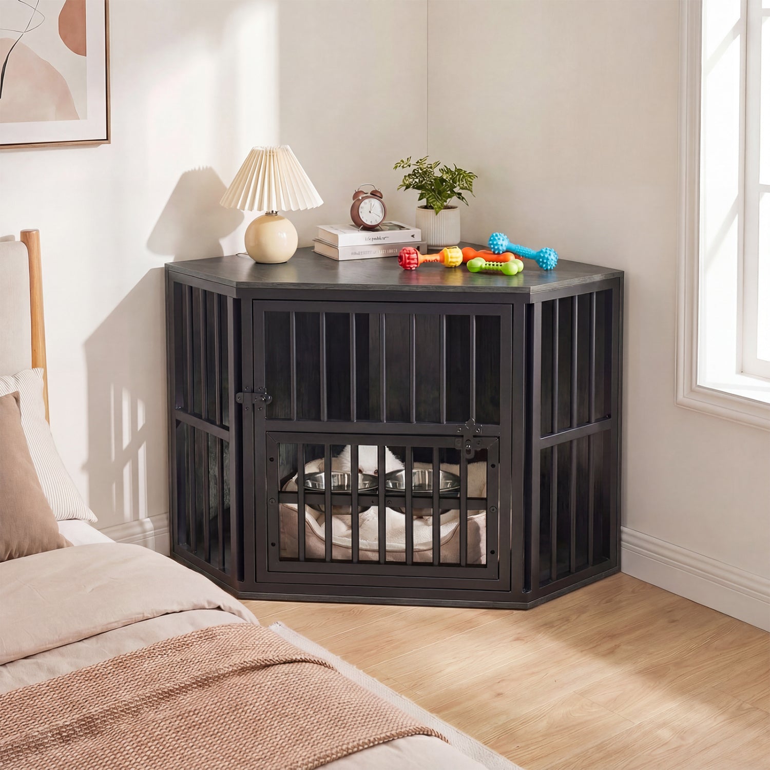 Wooden dog kennel end table with 3-position dog bowl rack, 35.5 inches tall, made of oak for pets and dog supplies.