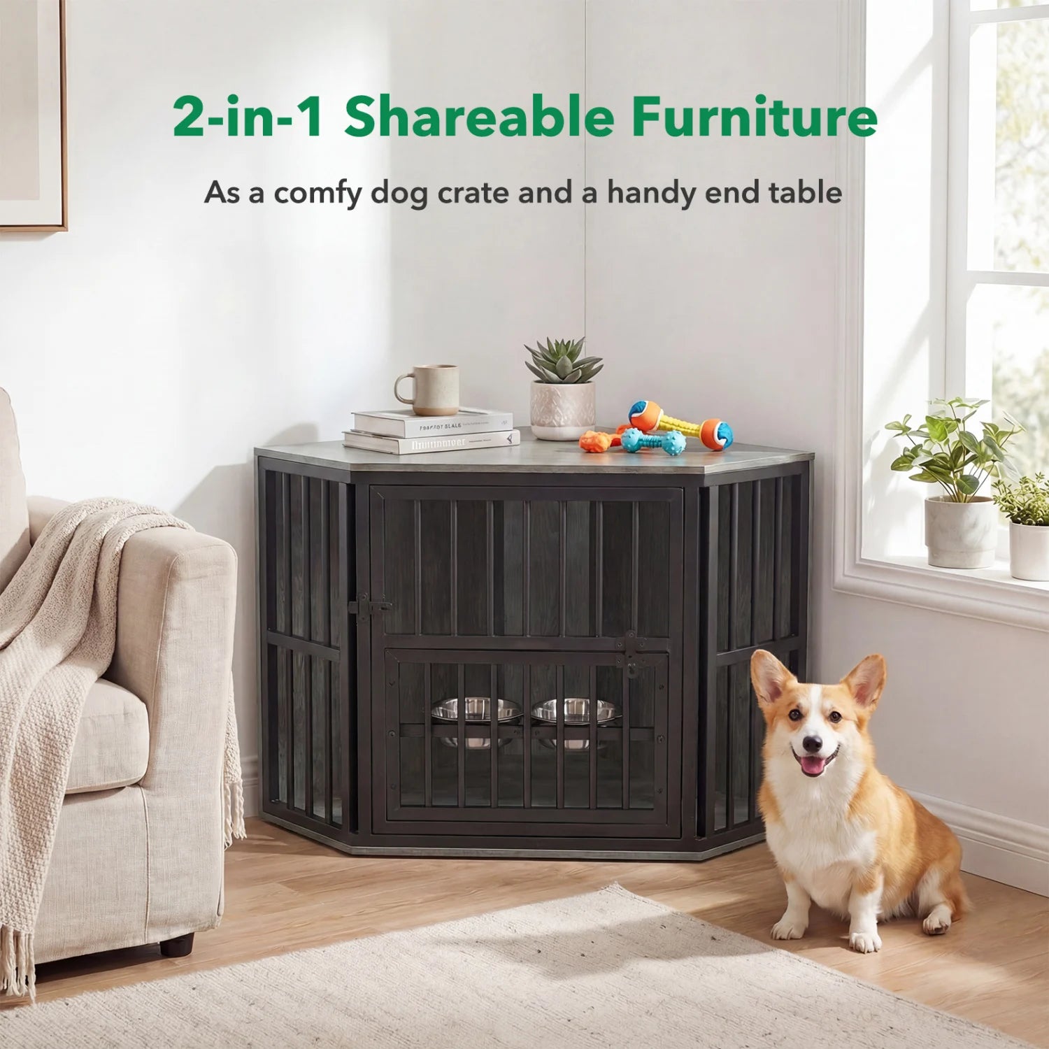 Wooden dog kennel end table with 35.5-inch height and 3-position dog bowl rack in natural oak finish, ideal for pet-friendly home decor.