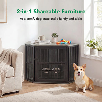 Wooden dog kennel end table with 35.5-inch height and 3-position dog bowl rack in natural oak finish, ideal for pet-friendly home decor.