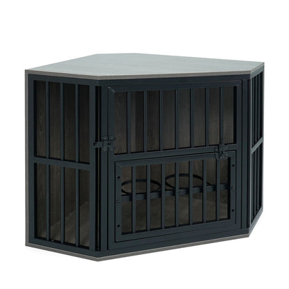 Wooden dog kennel end table with 3-position dog bowl rack, 35.5 inches tall, made of oak wood for pet convenience and style.