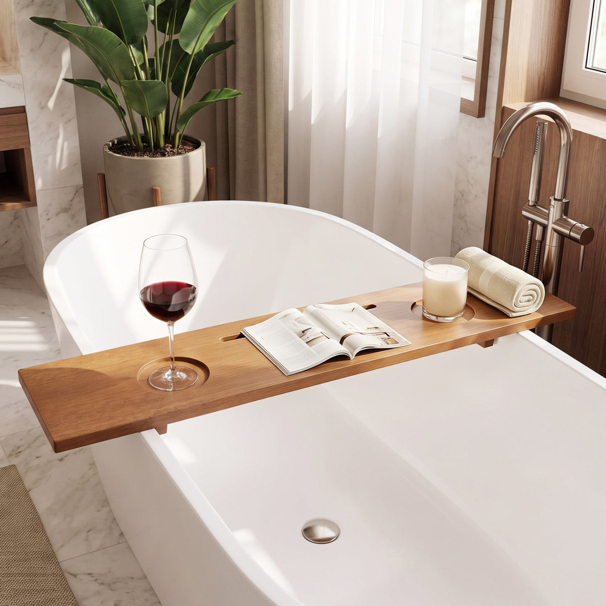 35 x 8 Inch Wood Bath Tray for Bathtubs with Built-in Slot and 3-Position Legs