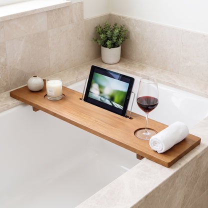 35 x 8 Inch Wood Bath Tray for Bathtubs with Built-in Slot and 3-Position Legs