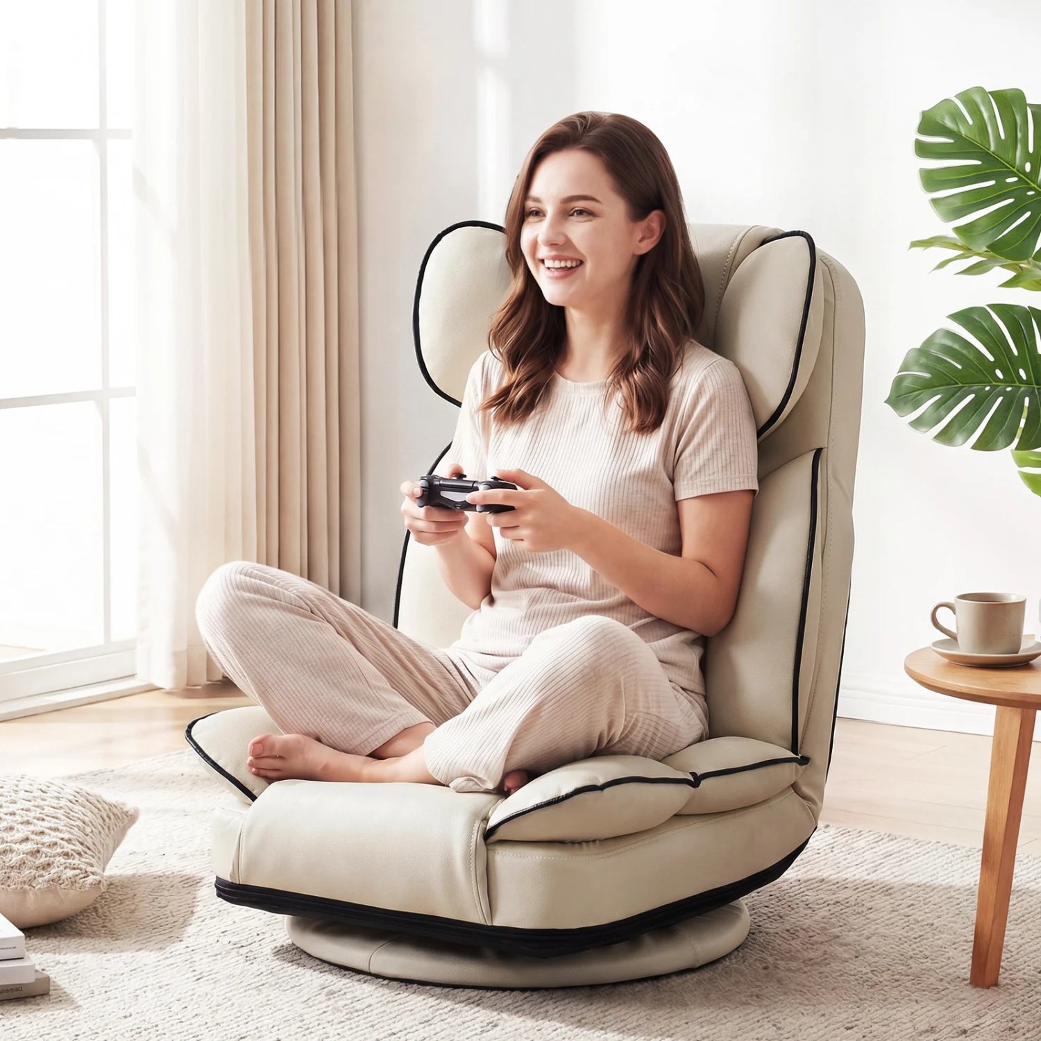 Beige 360-degree swivel floor gaming chair with adjustable backrest and sponge filling, ideal for living room seating.