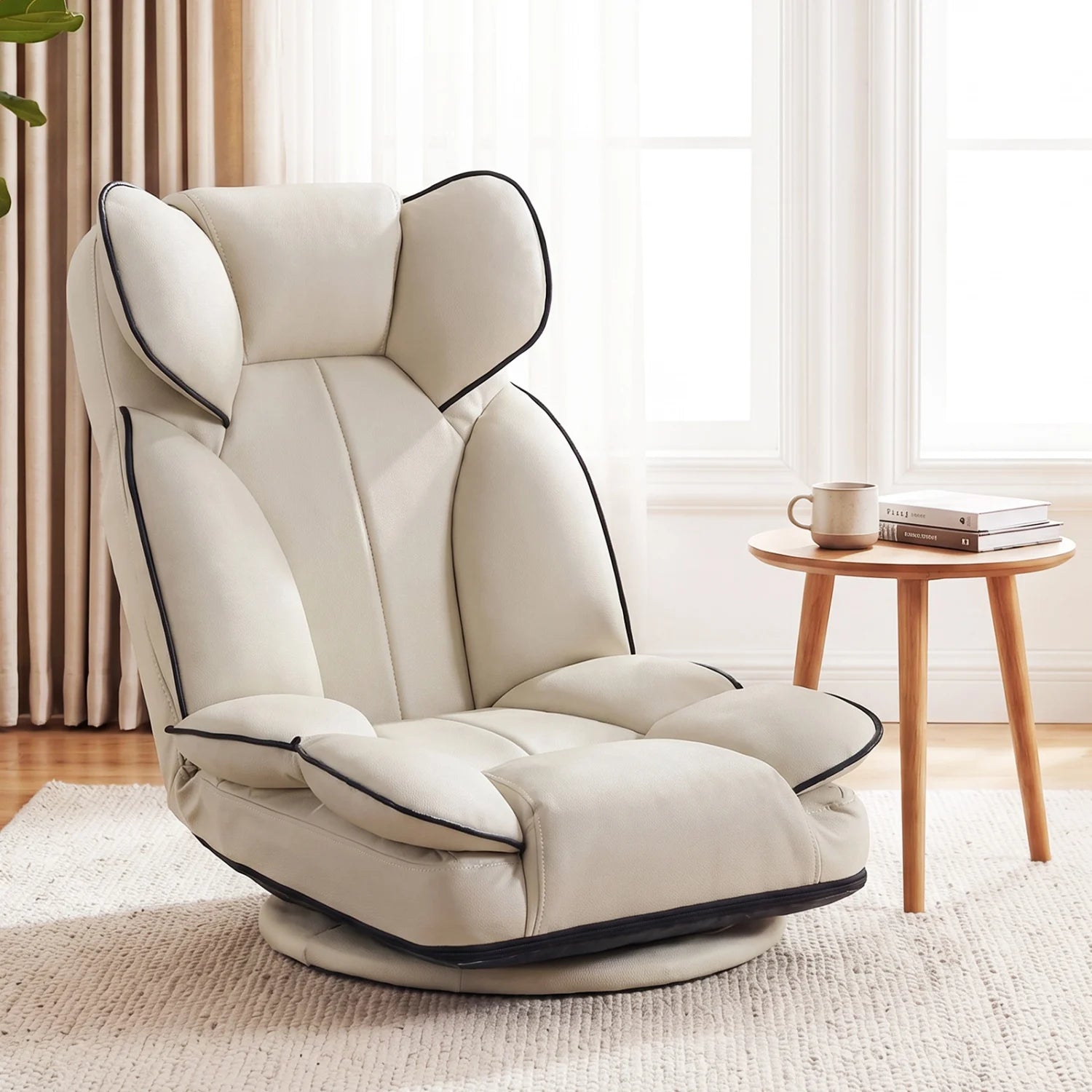 Beige 360-degree swivel floor gaming chair with adjustable backrest and sponge filling, ideal for living room seating.
