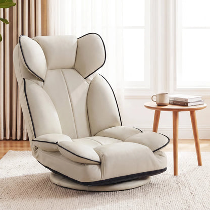 Beige 360-degree swivel floor gaming chair with adjustable backrest and sponge filling, ideal for living room seating.