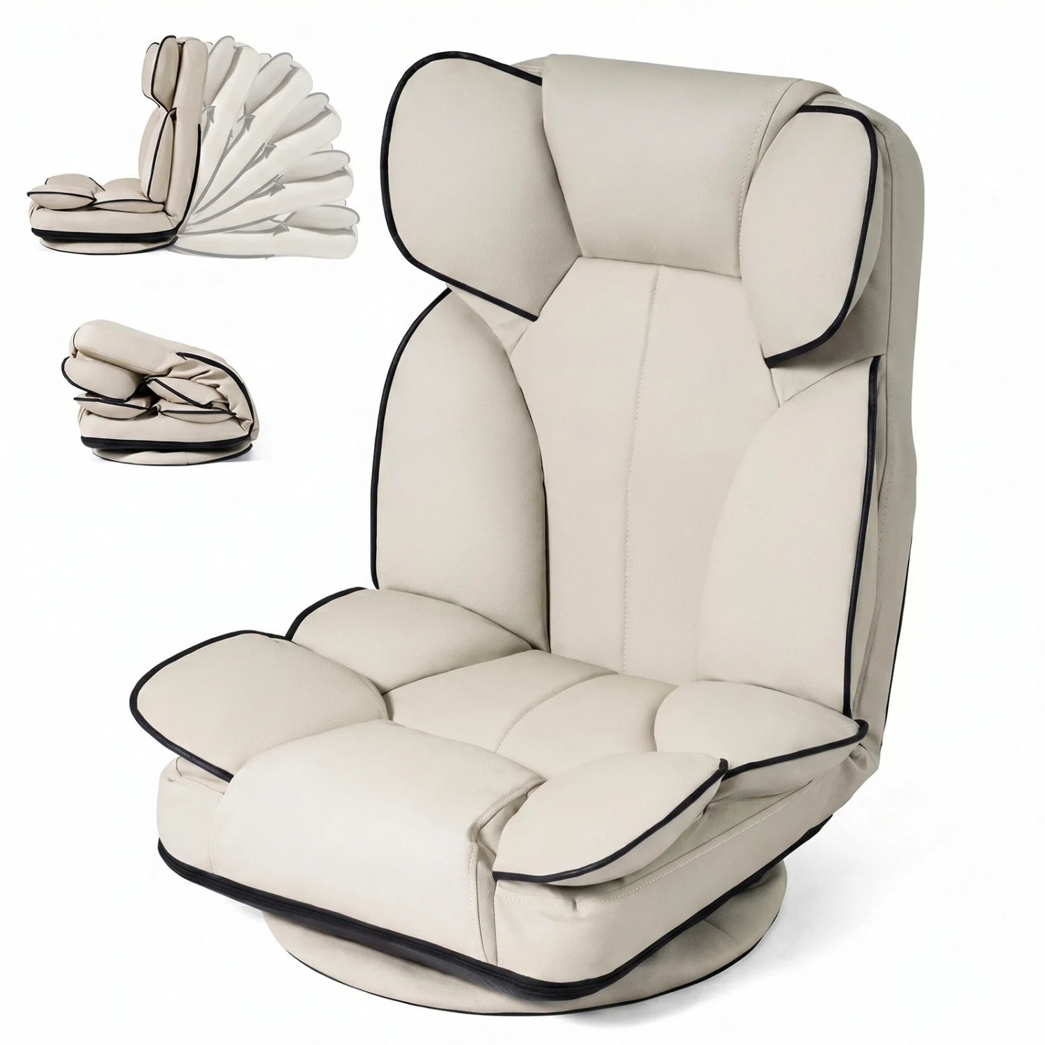 Beige 360-degree swivel floor gaming chair with adjustable backrest and sponge filling, perfect for living room seating.