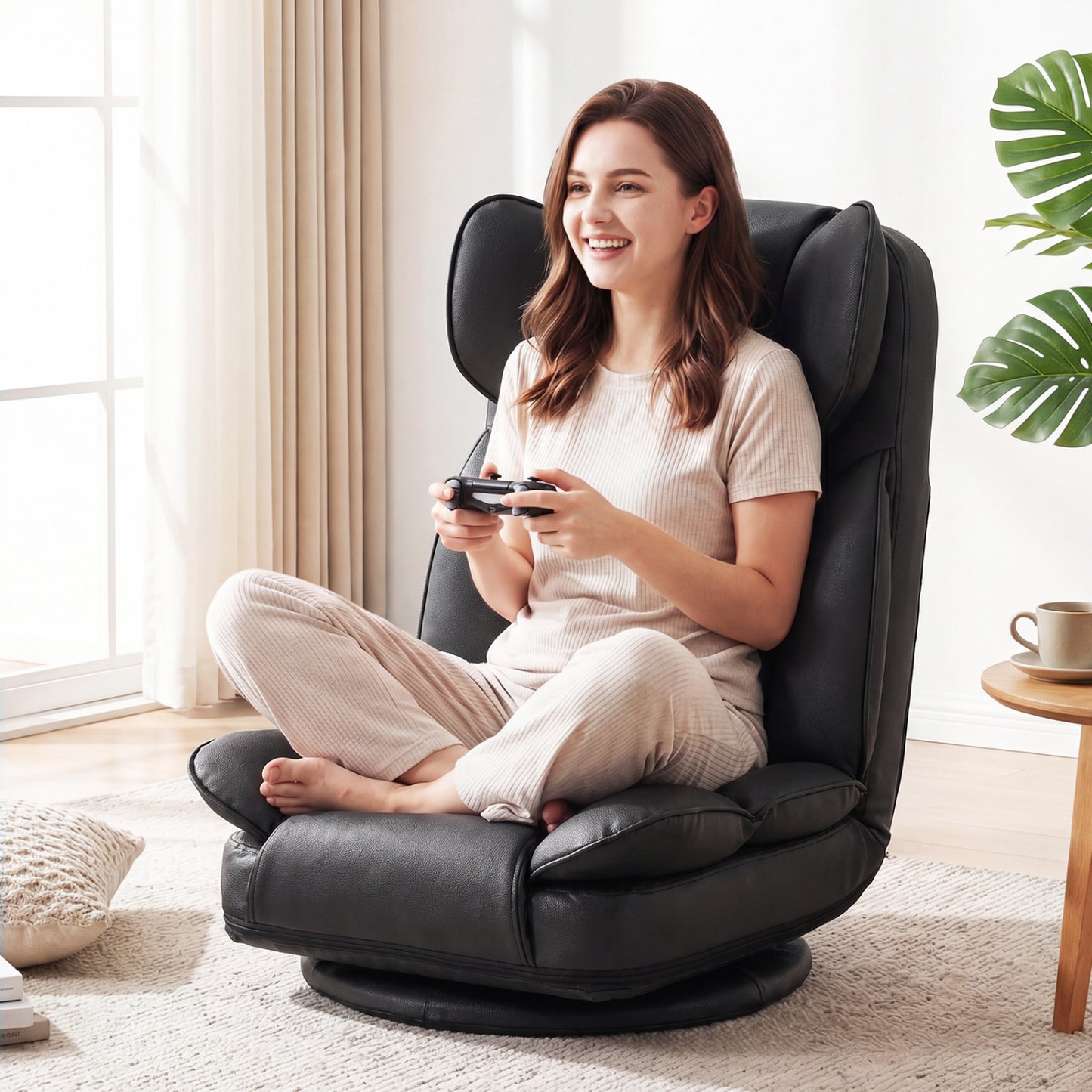 Beige 360-degree swivel floor gaming chair with adjustable backrest and sponge filling, designed for comfortable seating.