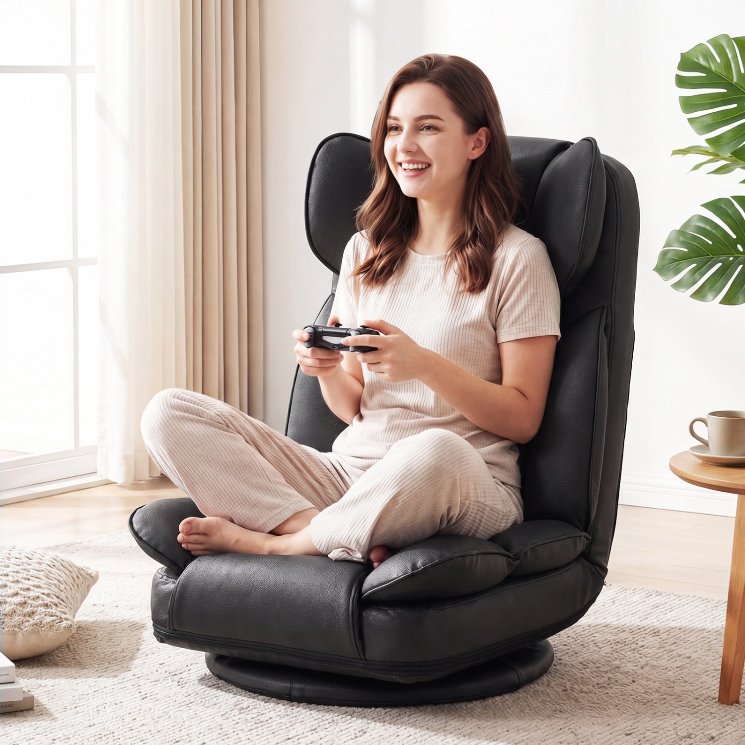 Beige 360-degree swivel floor gaming chair with adjustable backrest and sponge filling, designed for comfortable seating.