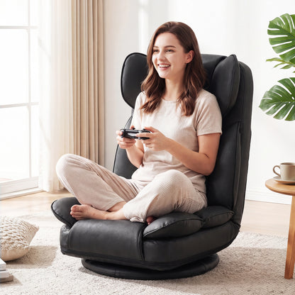 Beige 360-degree swivel floor gaming chair with adjustable backrest and sponge filling, designed for comfortable seating.