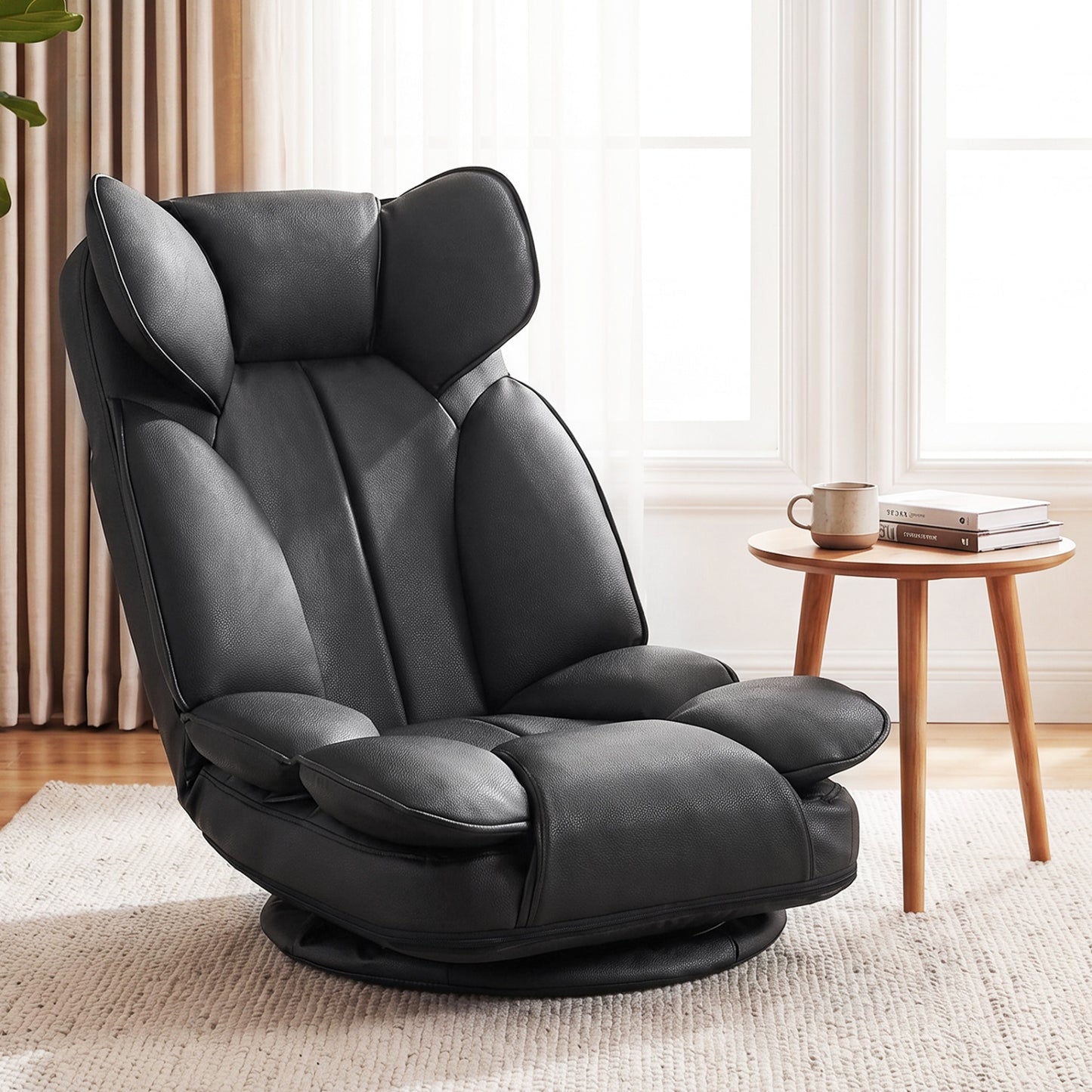 Beige 360-degree swivel floor gaming chair with adjustable backrest and sponge filling, ideal for living room seating.