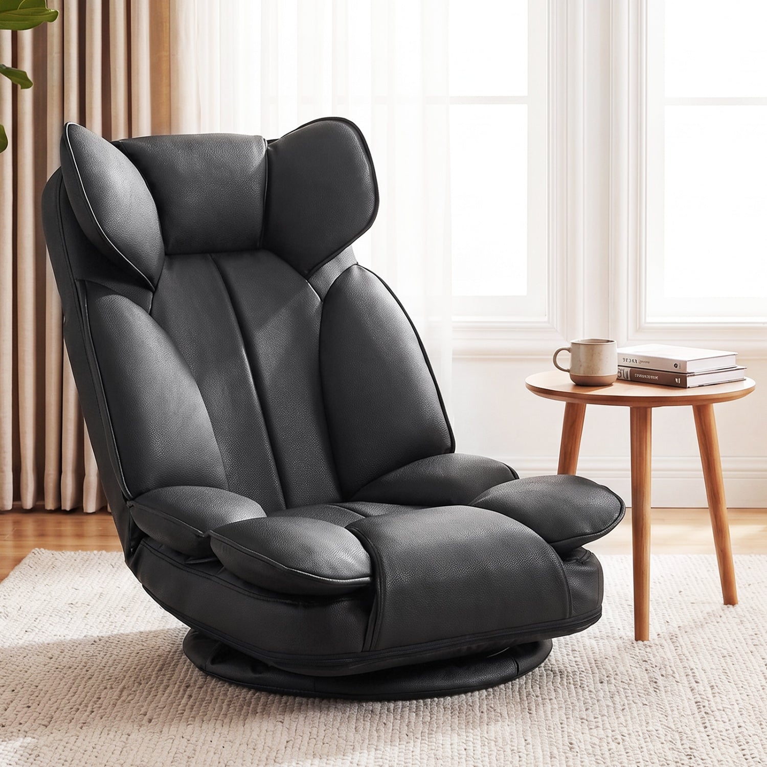 Beige 360-degree swivel floor gaming chair with adjustable backrest and sponge filling, ideal for living room seating.