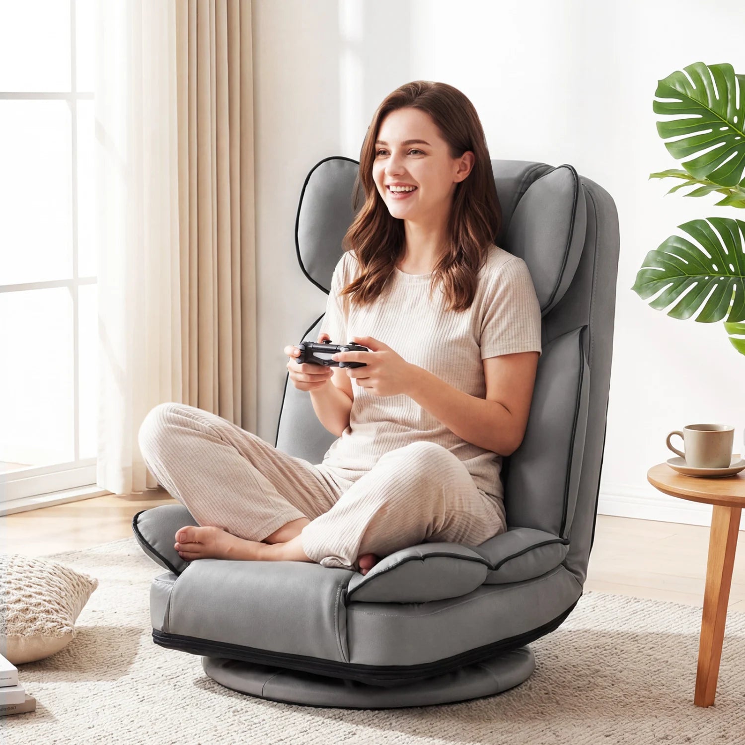 Beige 360-degree swivel floor gaming chair with adjustable backrest and sponge filling, ideal for living room seating.