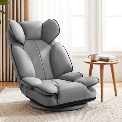 Beige 360-degree swivel floor gaming chair with adjustable backrest and sponge filling, designed for comfortable seating.