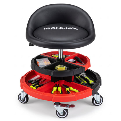 360° Rolling Mechanic Stool with 2 Tool Storage Trays-Red