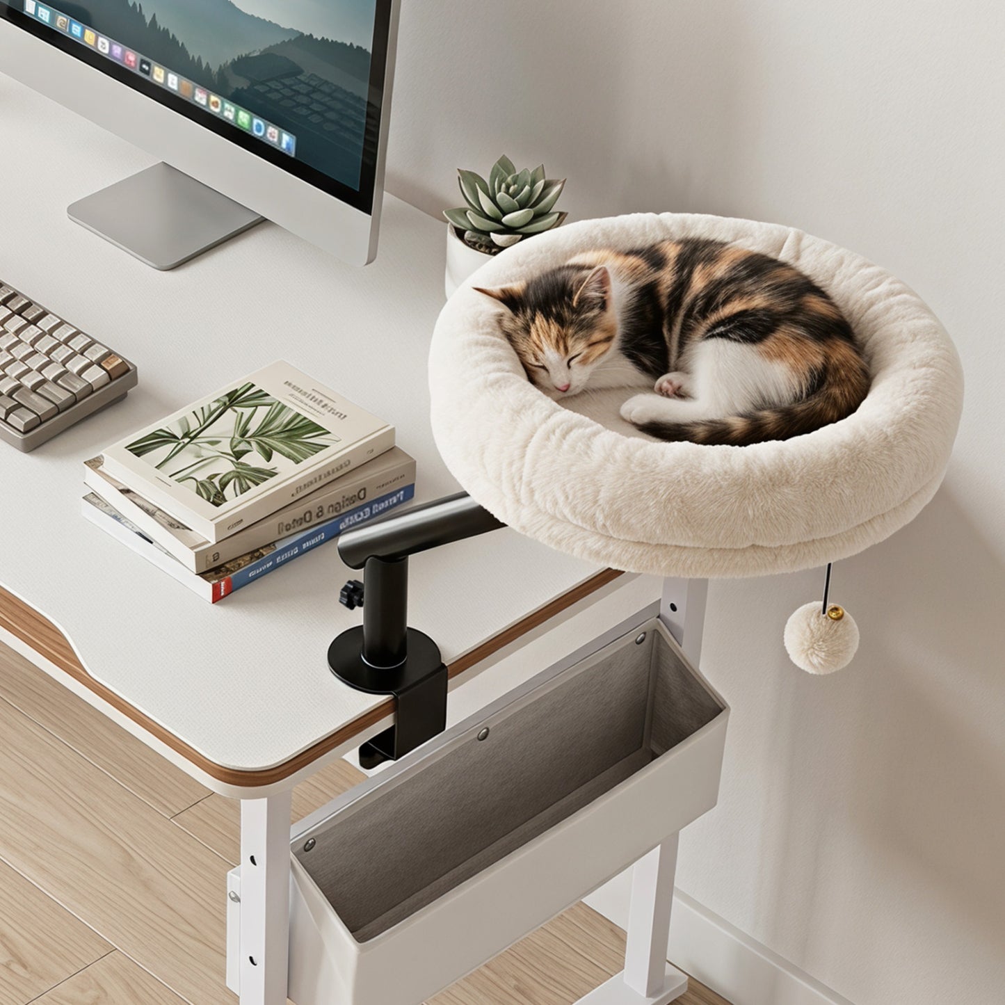 360° Rotating Cat Desk Bed for Indoor Cats with Removable Perch-White