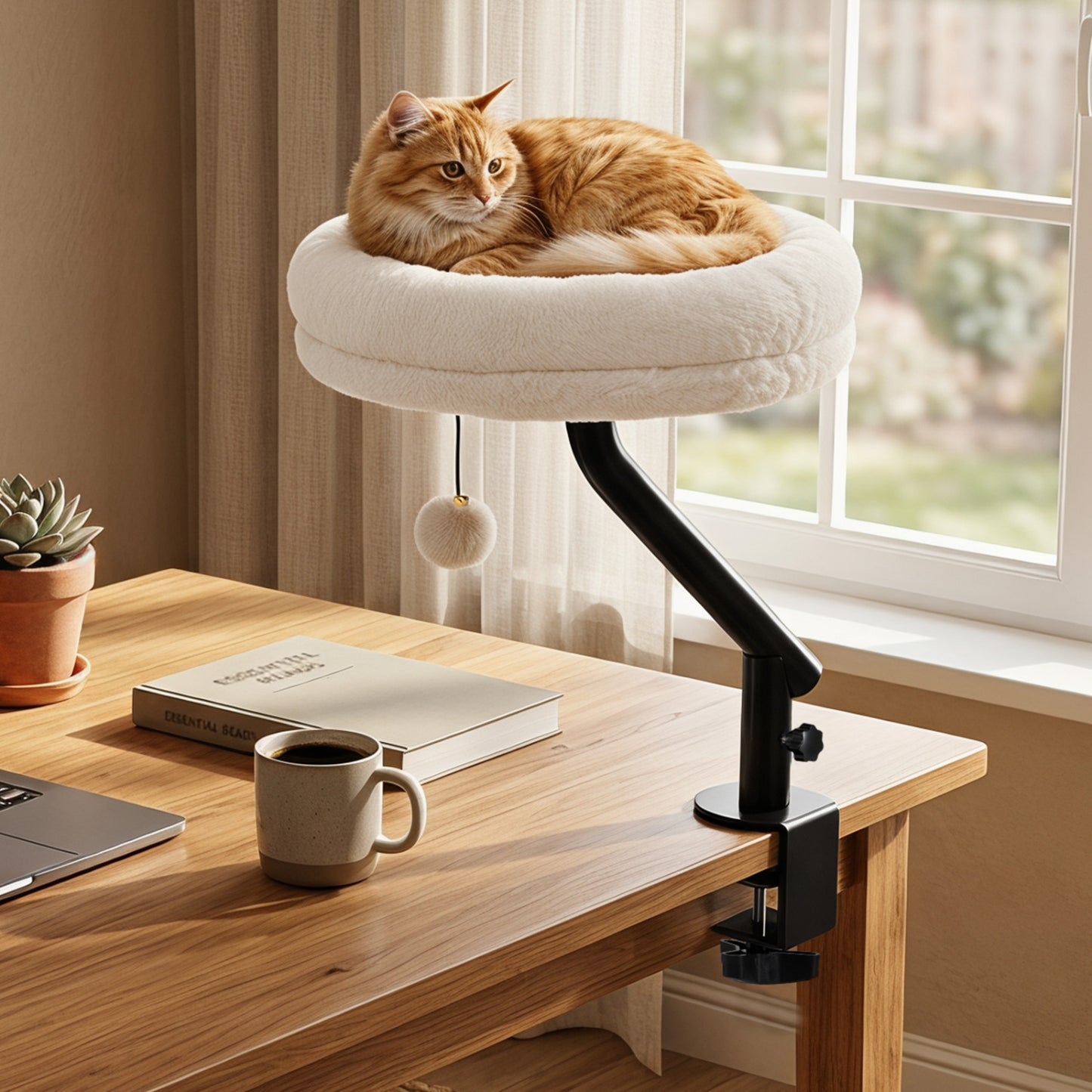 360° Rotating Cat Desk Bed for Indoor Cats with Removable Perch-White