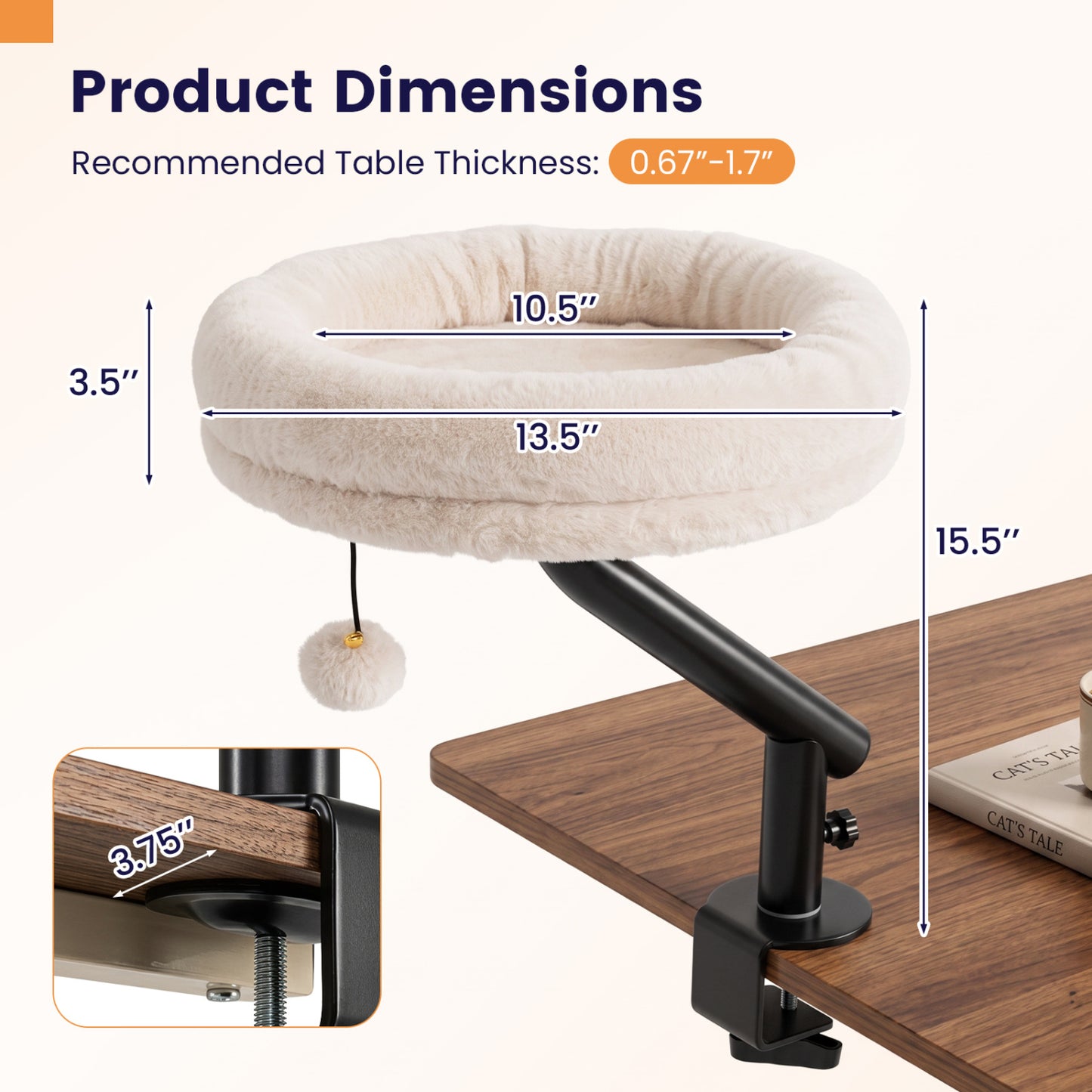 360° Rotating Cat Desk Bed for Indoor Cats with Removable Perch-White