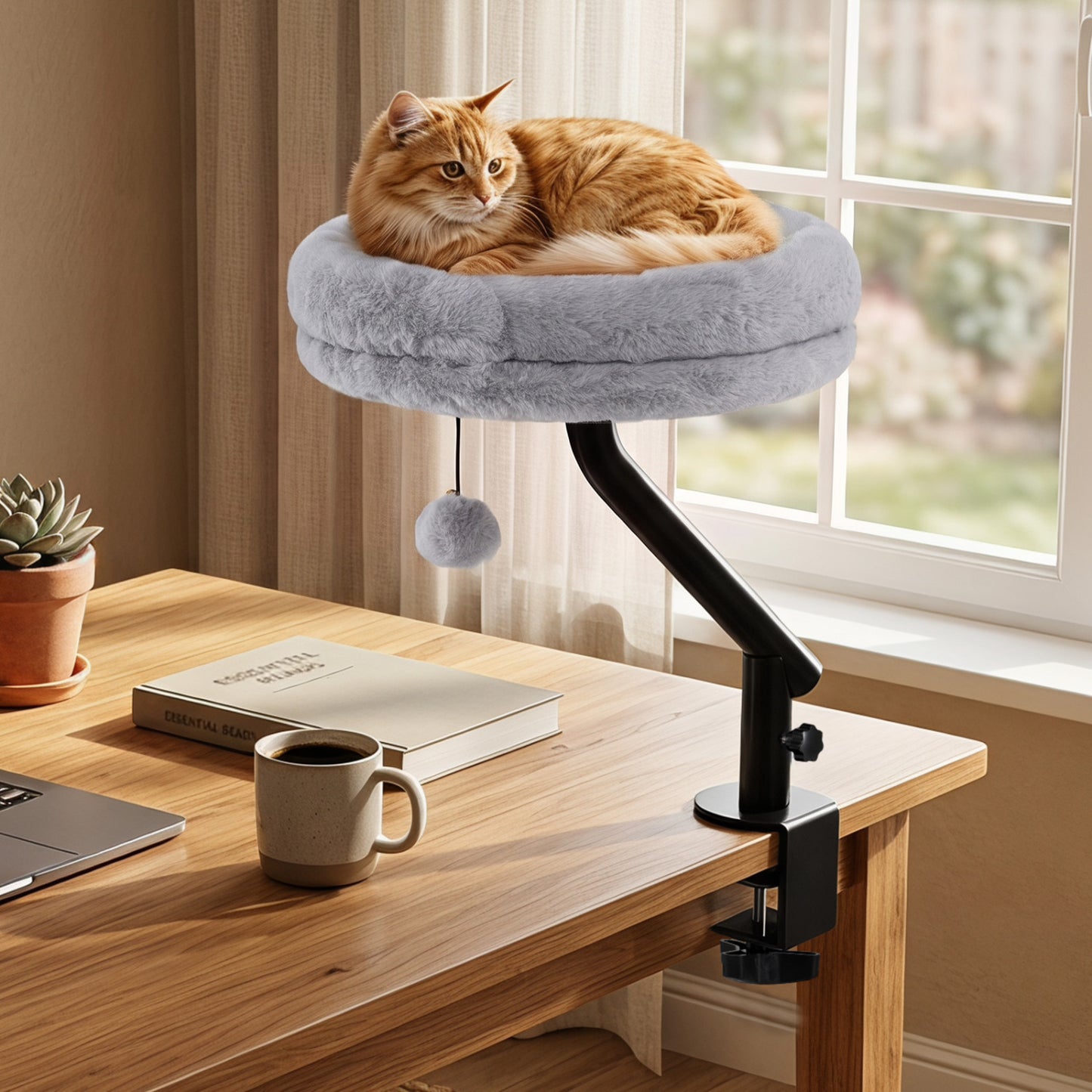 360° Rotating Cat Desk Bed for Indoor Cats with Removable Perch-Gray