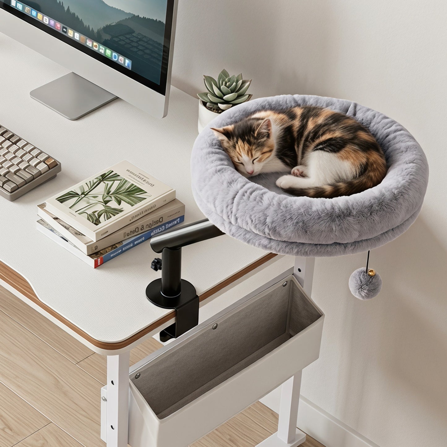 360° Rotating Cat Desk Bed for Indoor Cats with Removable Perch-Gray