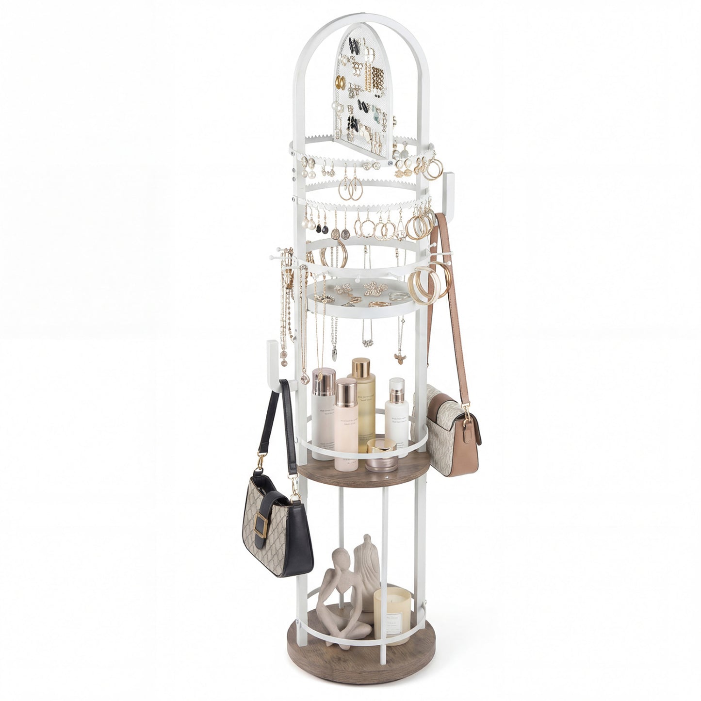 360° Rotating Floor Jewelry Storage Rack with 3 Shelves-Gray