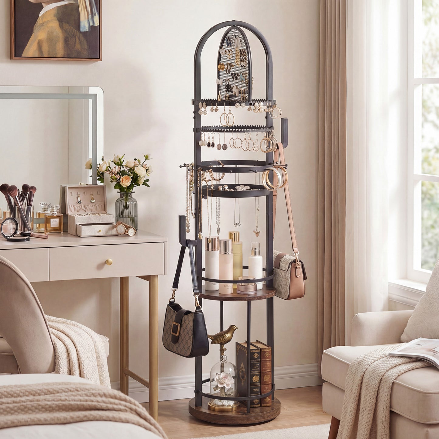 360° Rotating Floor Jewelry Storage Rack with 3 Shelves-Gray