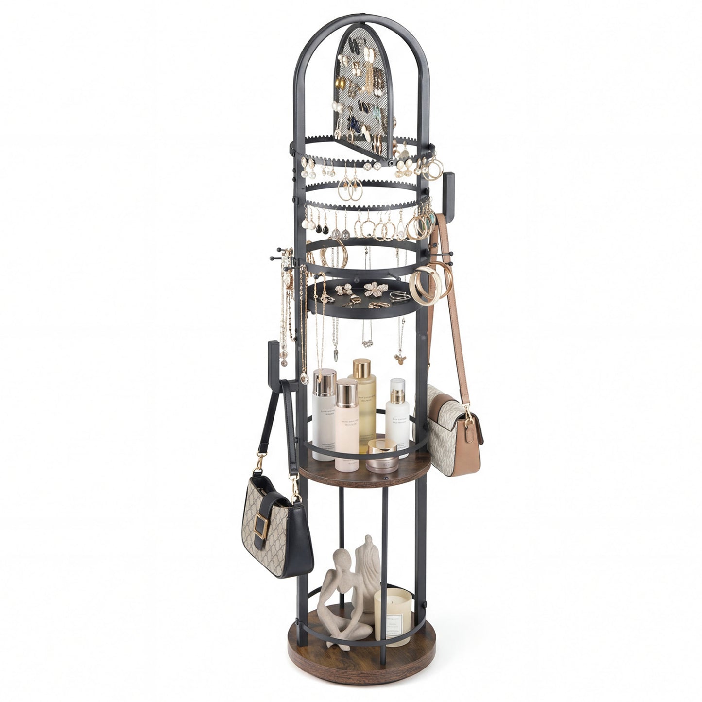 360° Rotating Floor Jewelry Storage Rack with 3 Shelves-Gray