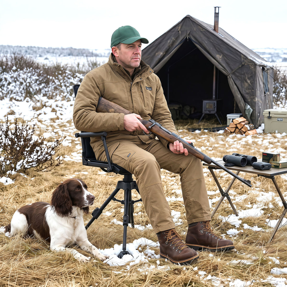 Black 360° silent swivel hunting seat with 5-level adjustability, designed for outdoor camping furniture by Wilsons Home Store