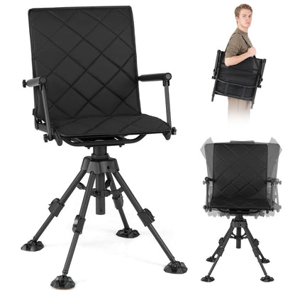Black 360° silent swivel hunting seat with 5-level height adjustment, designed for outdoor camping furniture by Wilsons Home Store.