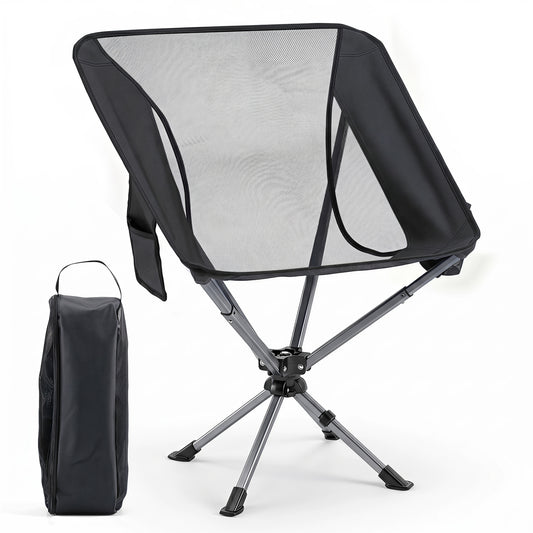 Black 360° swivel camping chair with cup holder and side pocket, sturdy outdoor furniture for beach and camping support.