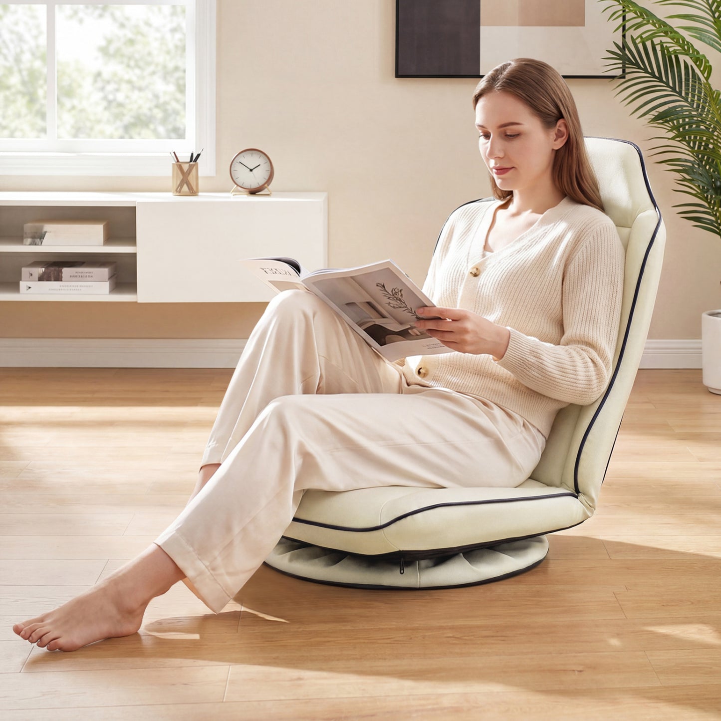 Beige 360° swivel gaming floor chair with 5-level adjustable backrest, designed for comfortable home office and gaming use.