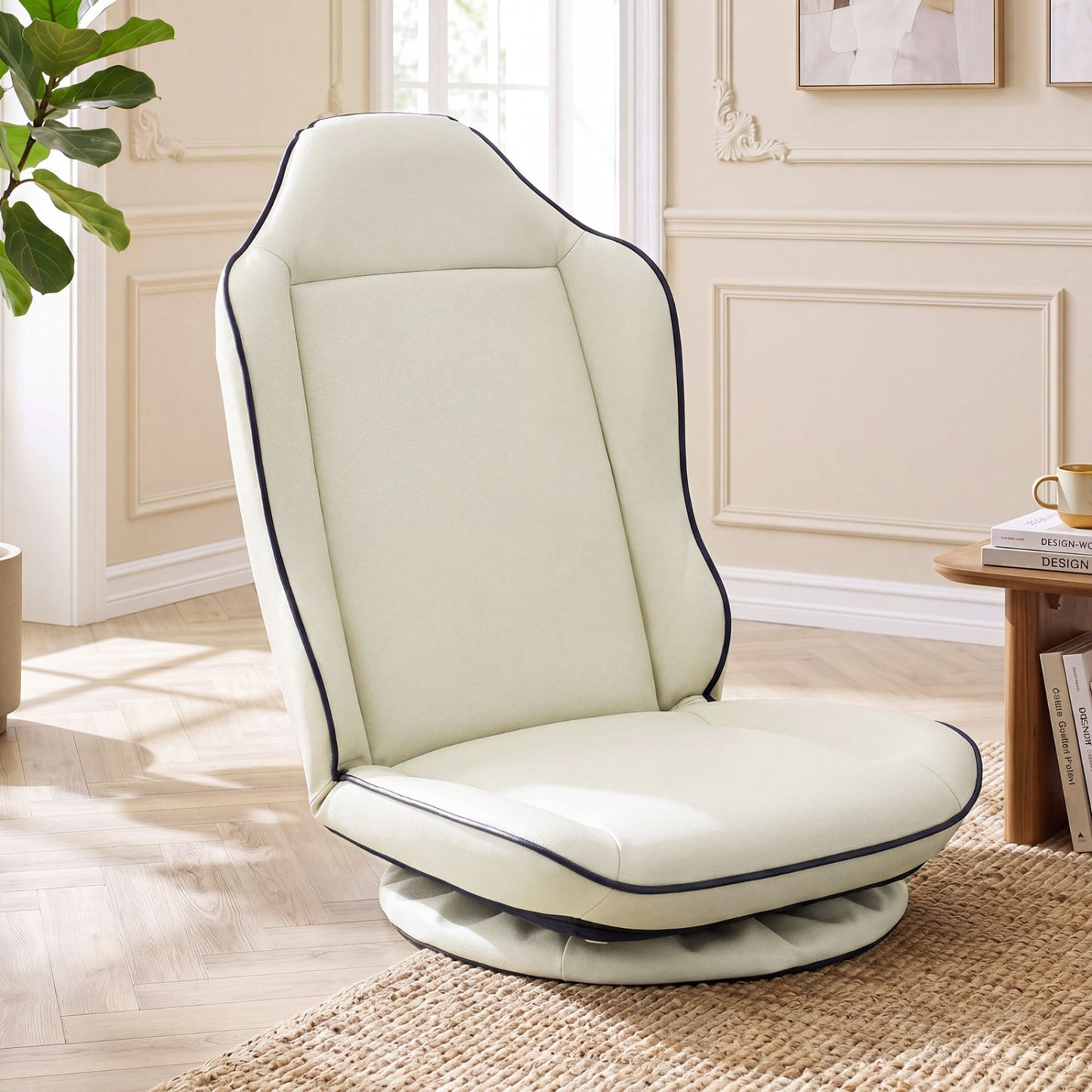Beige 360° swivel floor gaming chair with adjustable backrest and modern design, ideal for home office and gaming setups.