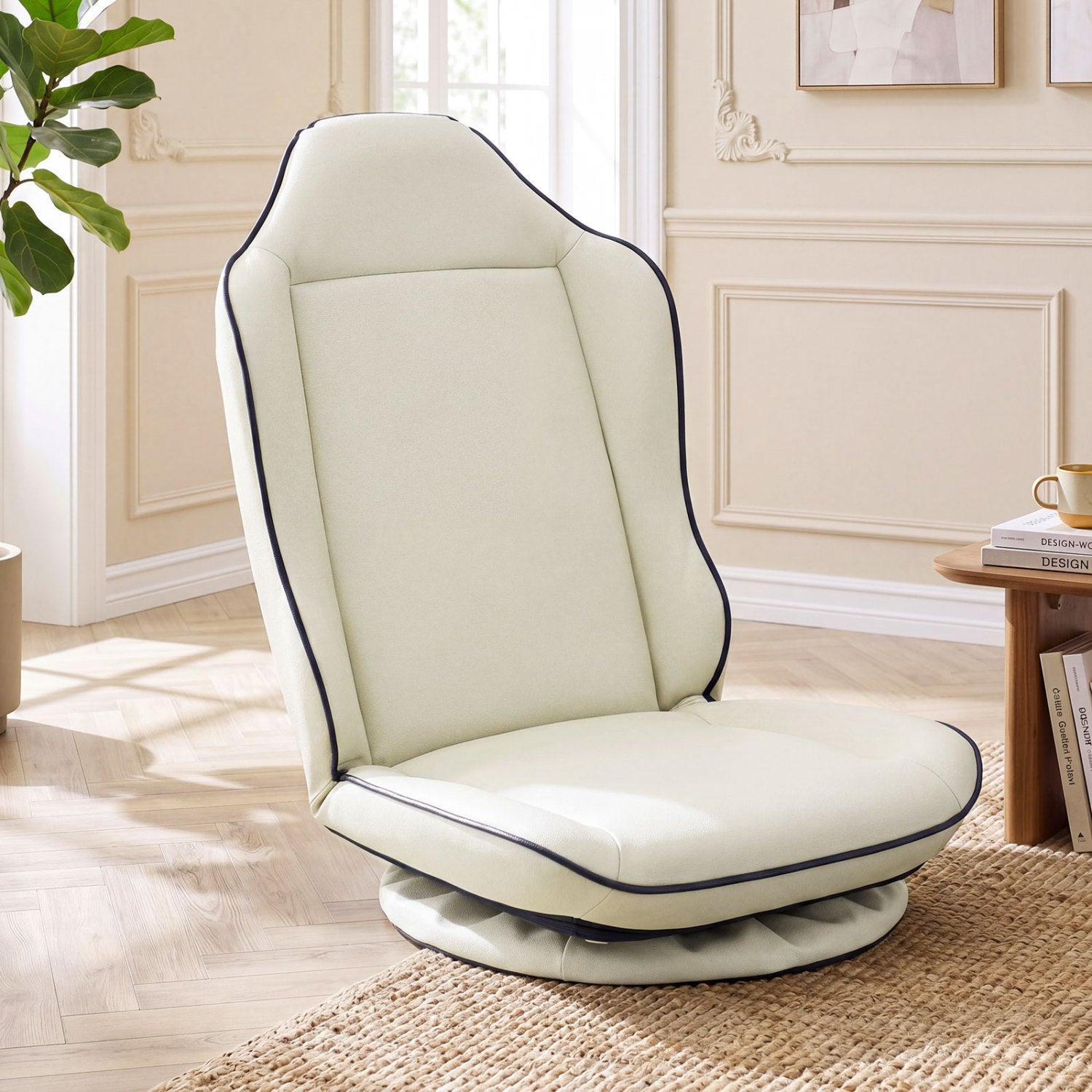 Beige 360° swivel floor gaming chair with adjustable backrest and modern design, ideal for home office and gaming setups.