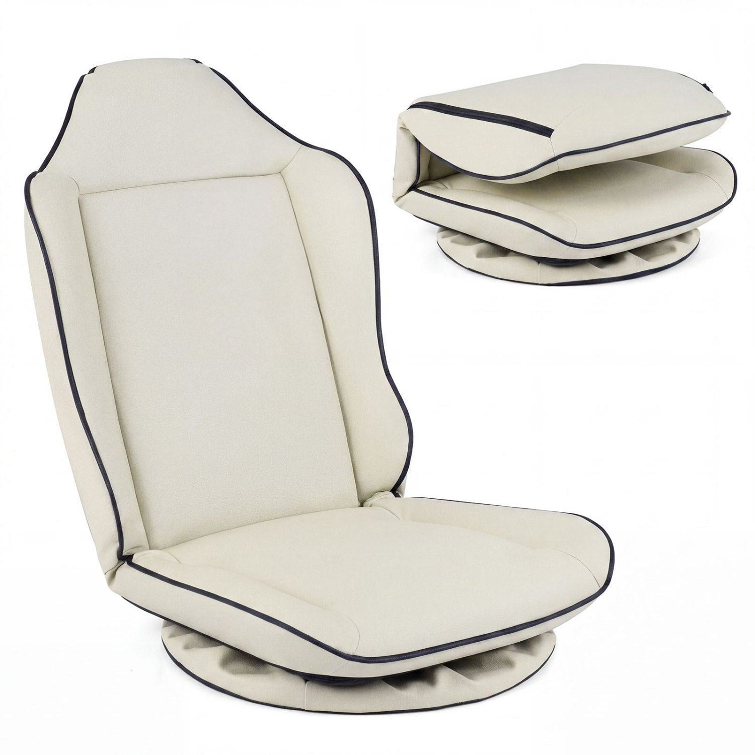Beige 360° swivel floor gaming chair with adjustable backrest and modern design, perfect for home office gaming setups.