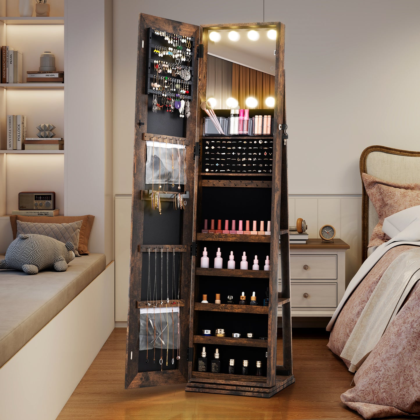 360° Swivel Freestanding Jewelry Cabinet with Lighted Full Length Mirror-Rustic Brown