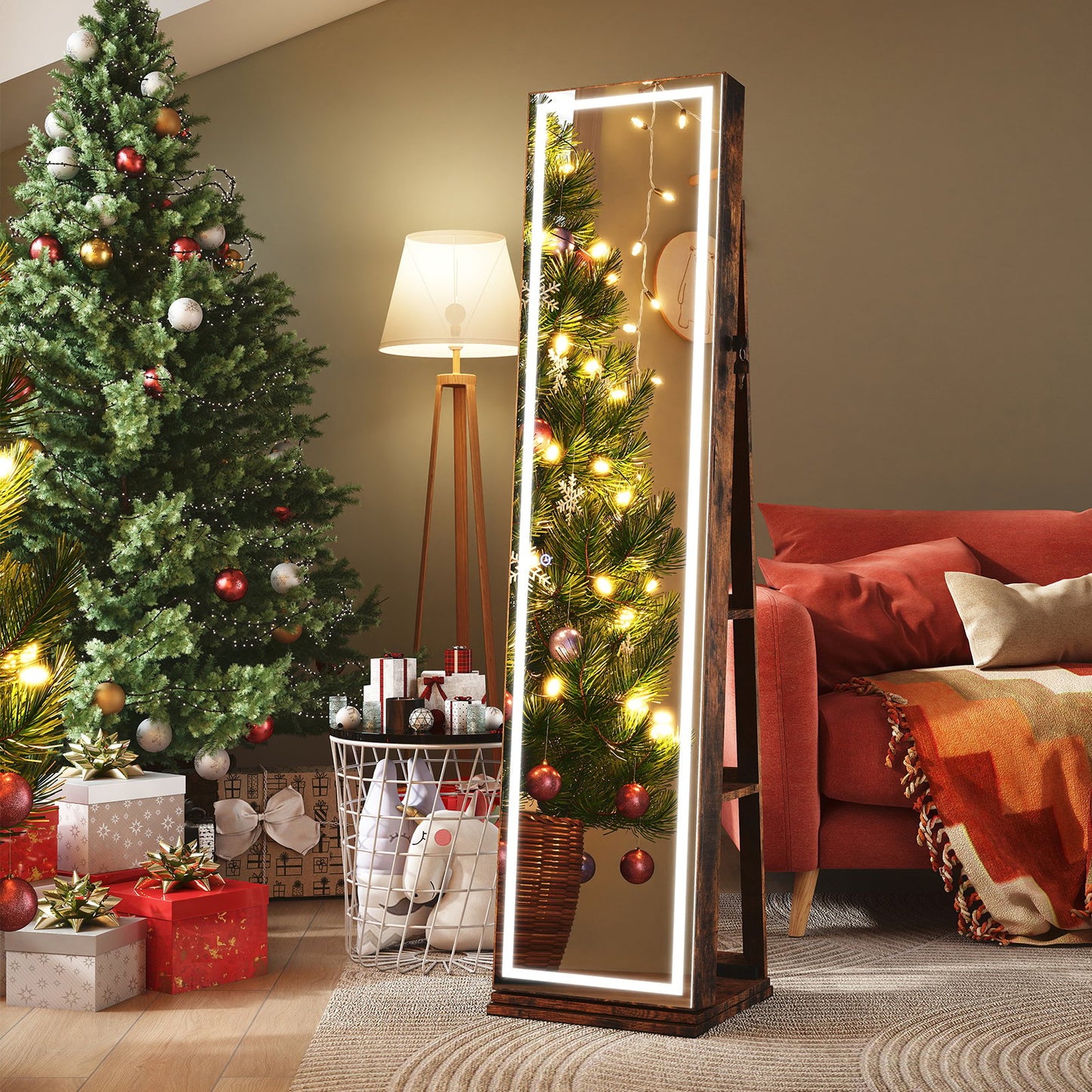 360° Swivel Freestanding Jewelry Cabinet with Lighted Full Length Mirror-Rustic Brown